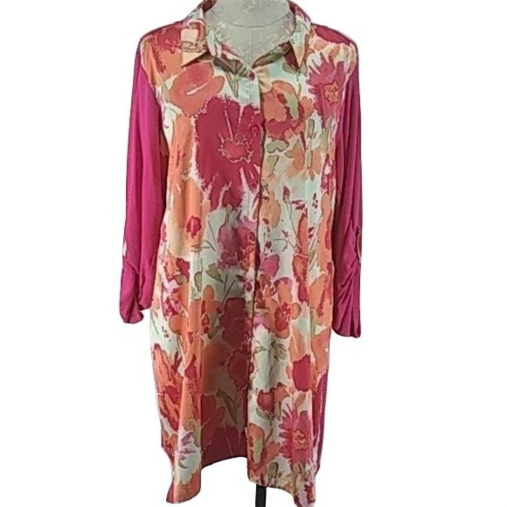 Cabernet Floral Print Roll Tab Sleeve Tunic Shirt Magenta Pink Large